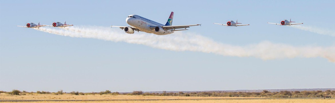 An airbus A320 makes a low level fly by at the air show hosted at the Hosea Kutako Airport - Namibia Airports Company